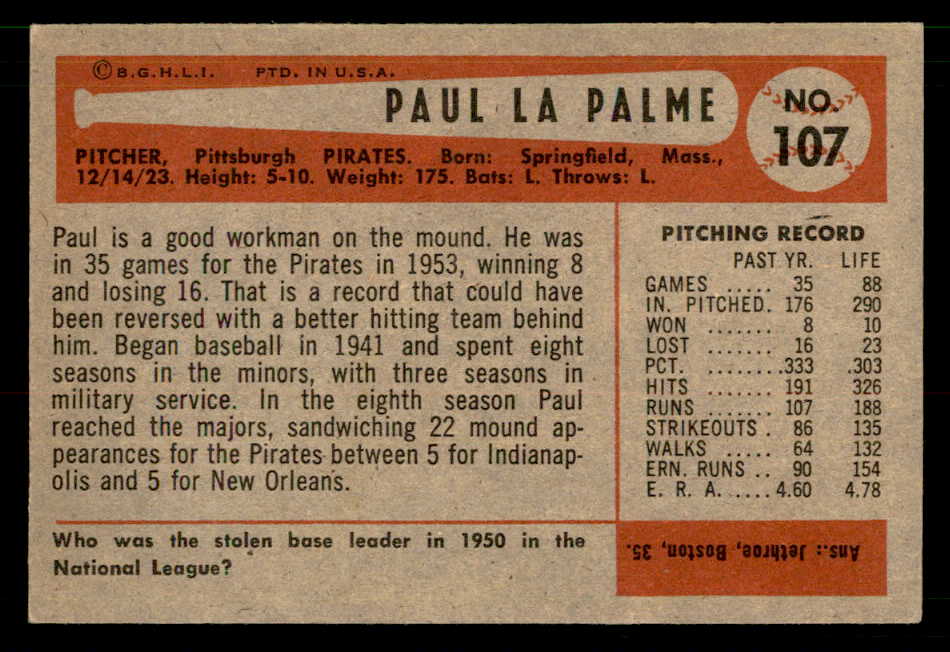 1954 Bowman Baseball #107 Paul Lapalme Pirates EX-MT 557451