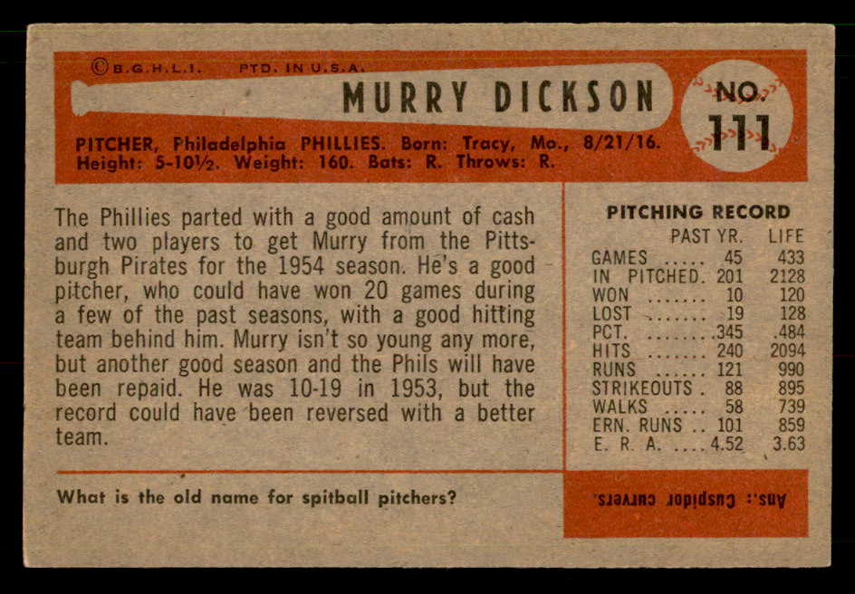 1954 Bowman Baseball #111 Murry Dickson Phillies EX-MT 557453