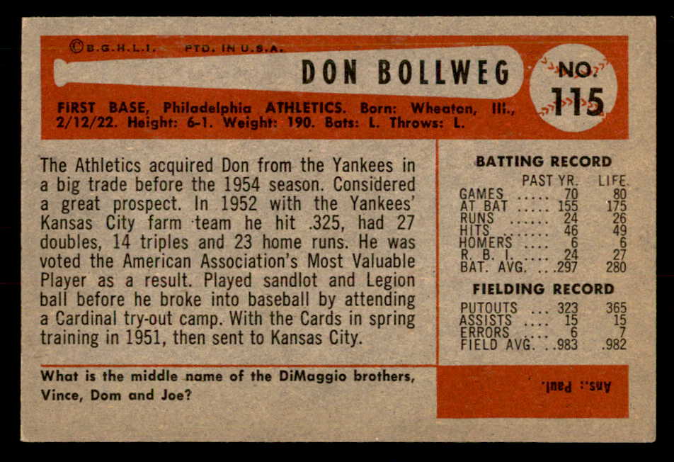 1954 Bowman Baseball #115 Don Bollweg A's EX-MT 557456