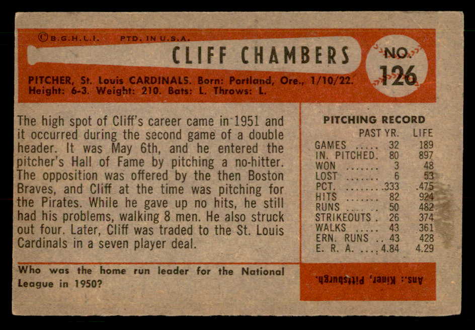 1954 Bowman Baseball #126 Cliff Chambers Cardinals EX-MT 557464
