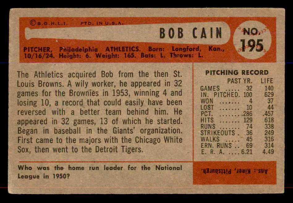 1954 Bowman Baseball #195 Bob Cain A's EX-MT 557515
