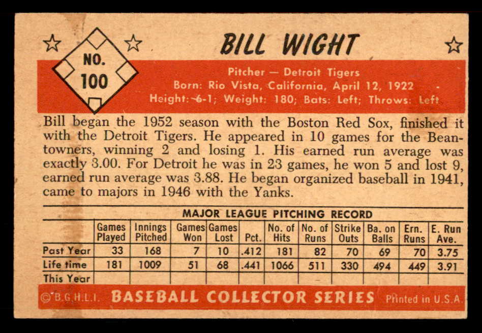 1953 Bowman Color Baseball #100 Bill Wight Tigers EX+/EX-MT 557546