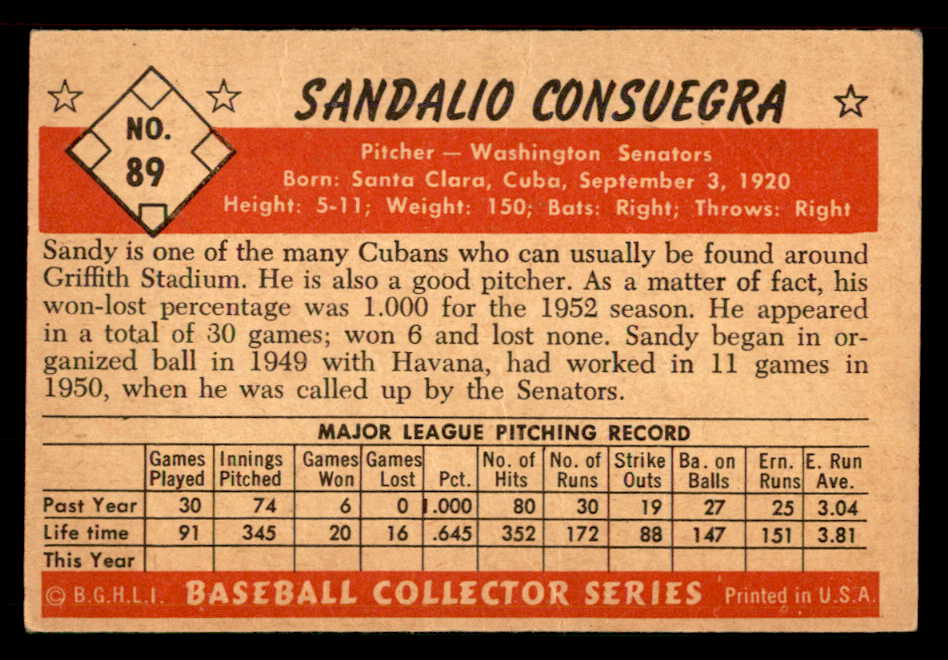 1953 Bowman Color Baseball #089 Sandy Consuegra Senators EX+/EX-MT 557547