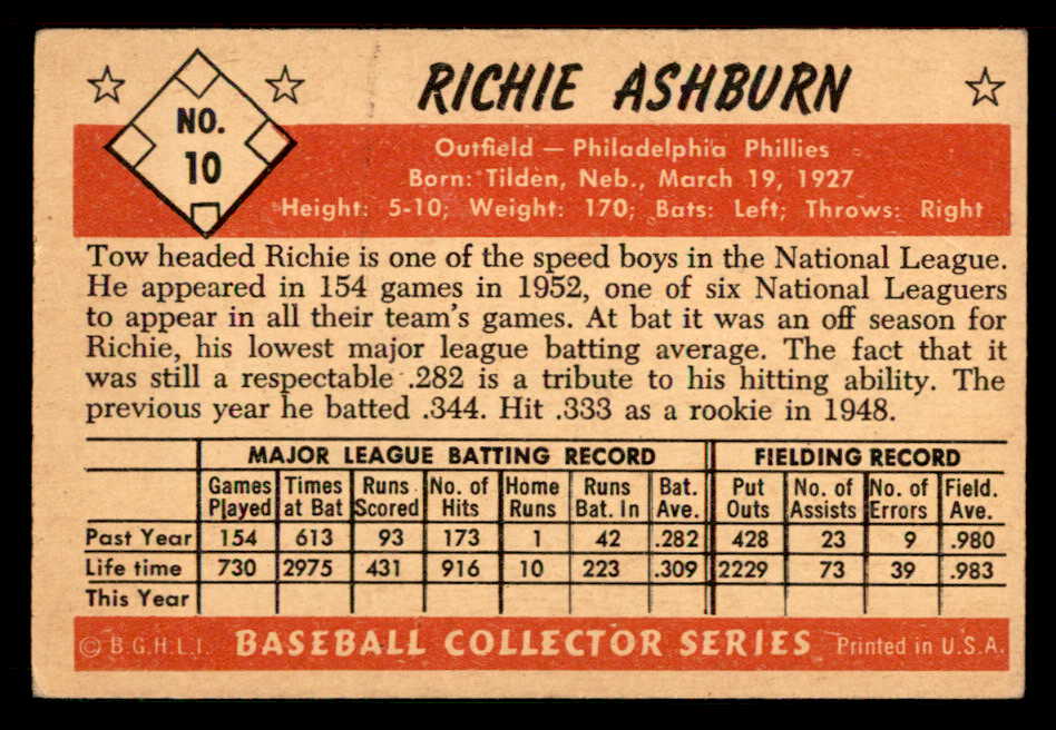 1953 Bowman Color Baseball #010 Richie Ashburn Phillies VG-EX 557551