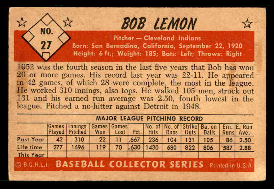 1953 Bowman Black & White Baseball #027 Bob Lemon Indians VG-EX 557560