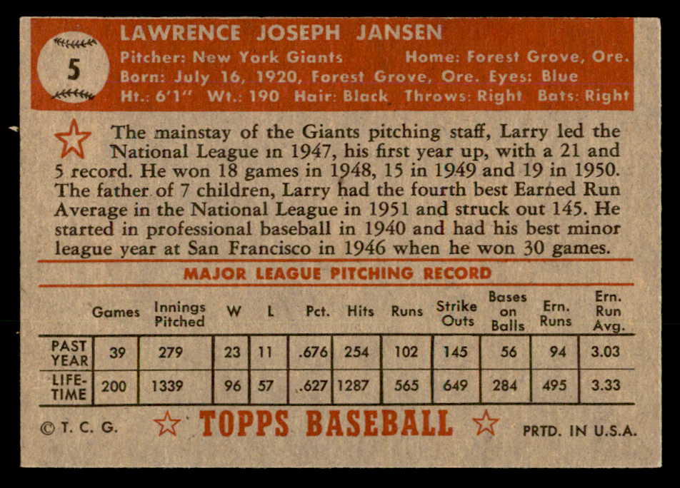 1952 Topps Baseball #005 Larry Jansen Giants EX Red 557565