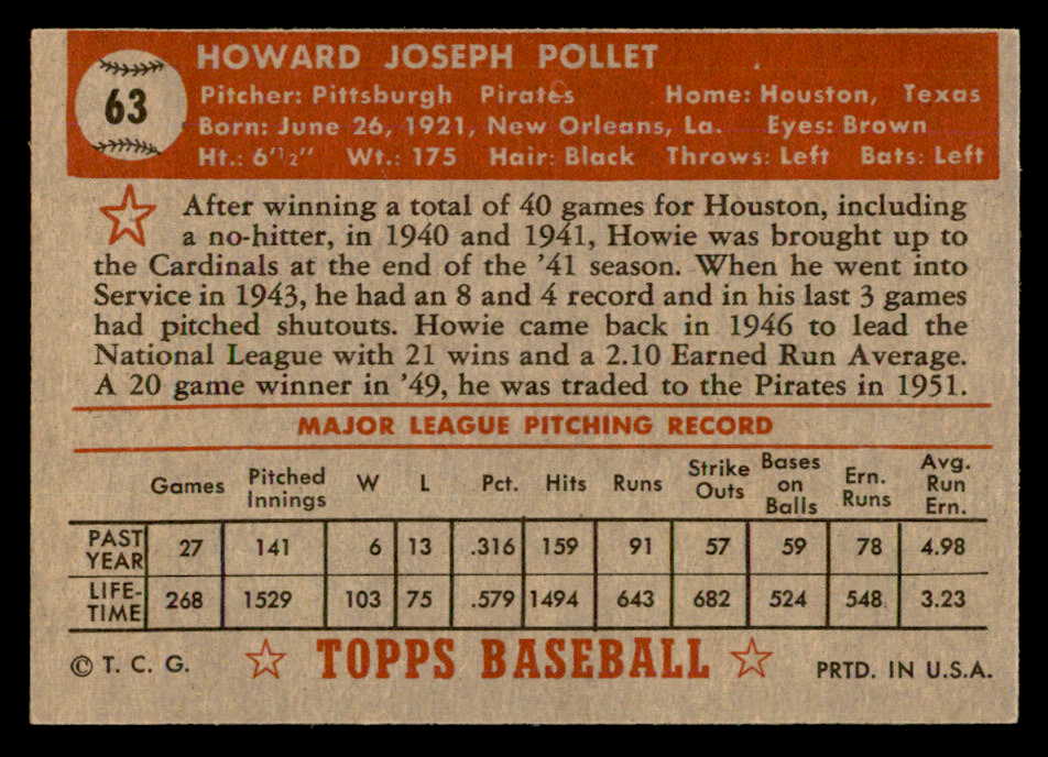 1952 Topps Baseball #063 Howie Pollet Pirates EX-MT Red 557570
