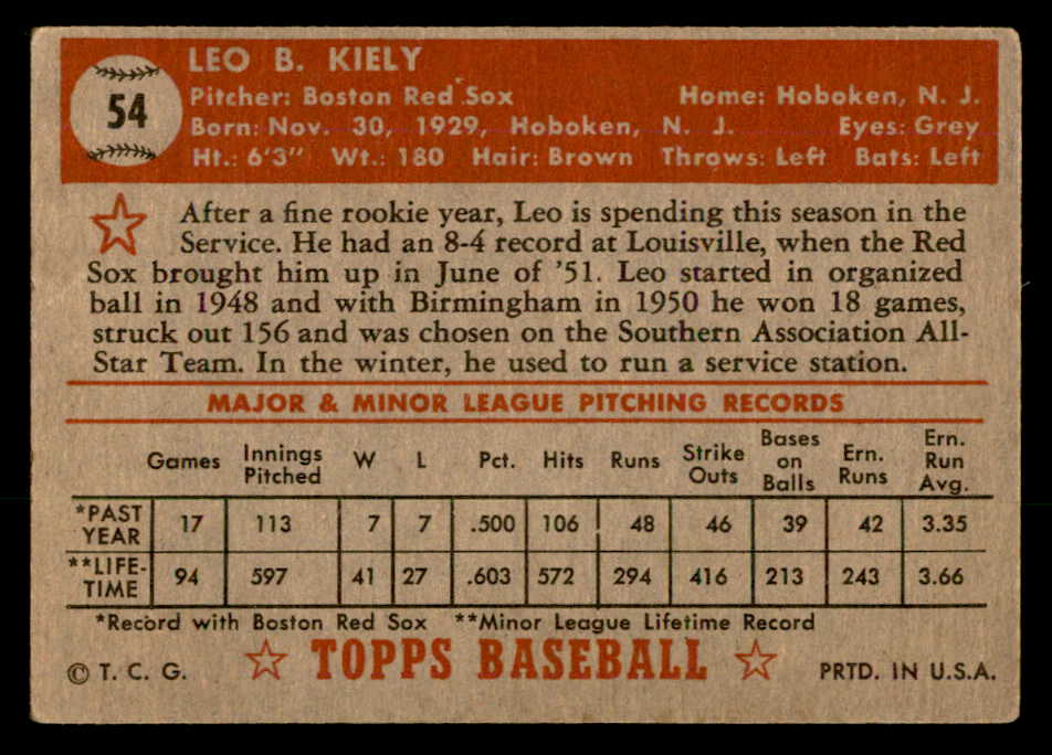 1952 Topps Baseball #054 Leo Kiely Red Sox VG-EX Red 557582