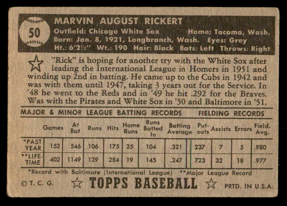 1952 Topps Baseball #050 Marv Rickert White Sox VG Black 557610