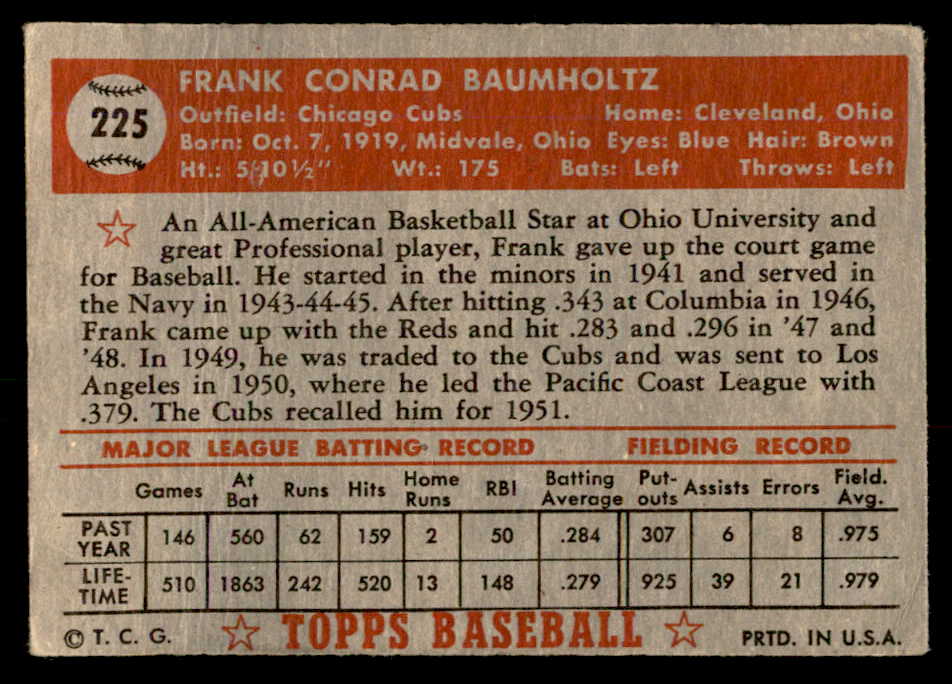 1952 Topps Baseball #225 Frank Baumholtz Cubs VG 557613