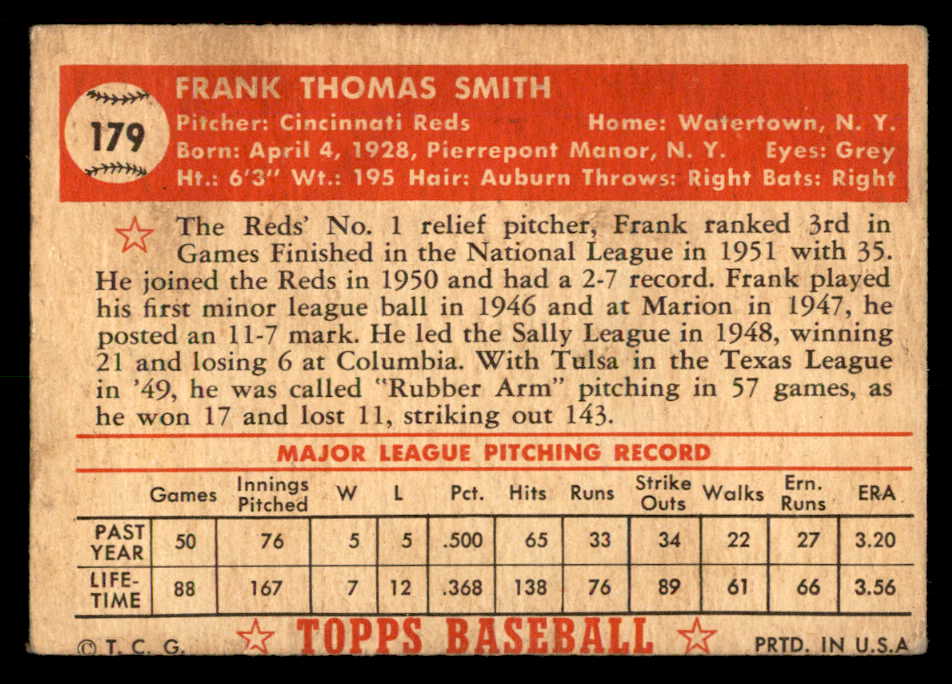 1952 Topps Baseball #179 Frank Smith Reds VG 557616