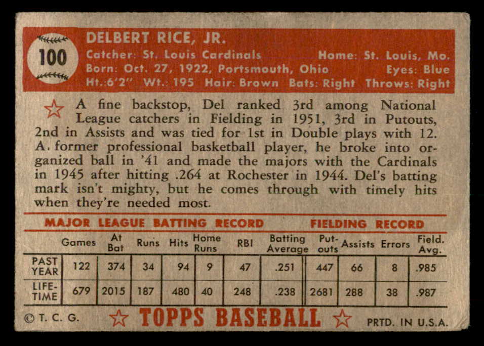 1952 Topps Baseball #100 Del Rice Cardinals VG 557618