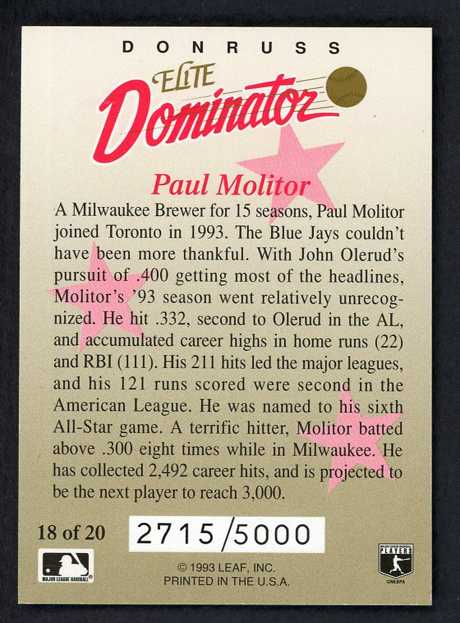 1993 Donruss Elite Dominator #018 Paul Molitor Blue Jays 557824