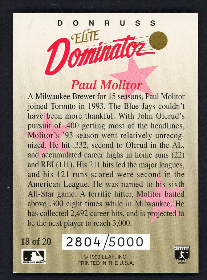 1993 Donruss Elite Dominator #018 Paul Molitor Blue Jays 557825