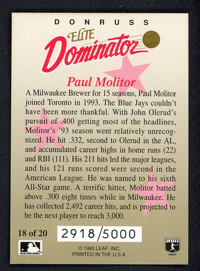 1993 Donruss Elite Dominator #018 Paul Molitor Blue Jays 557826