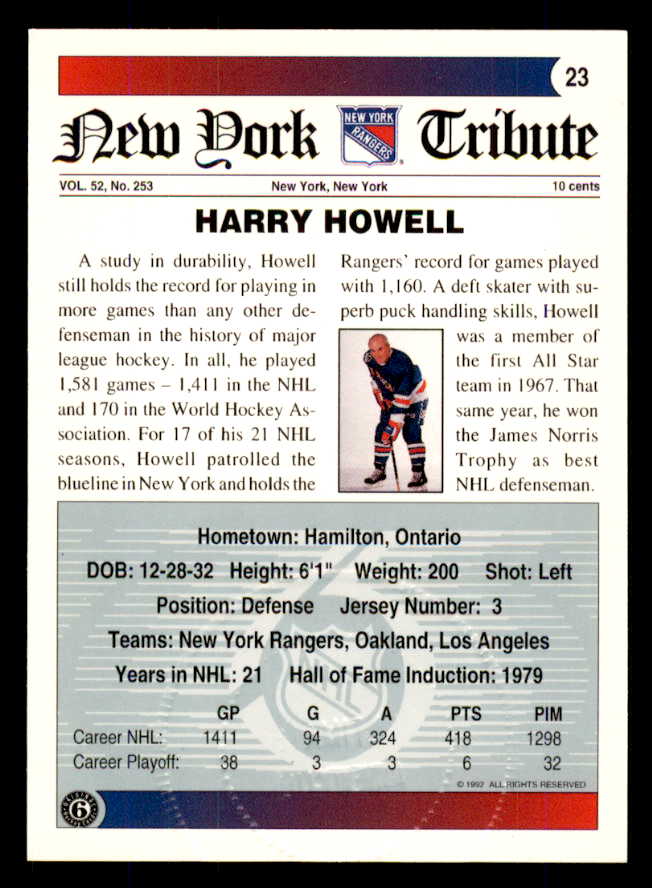 1992 Ultimate #023 Harry Howell Rangers Signed Autographed 558045