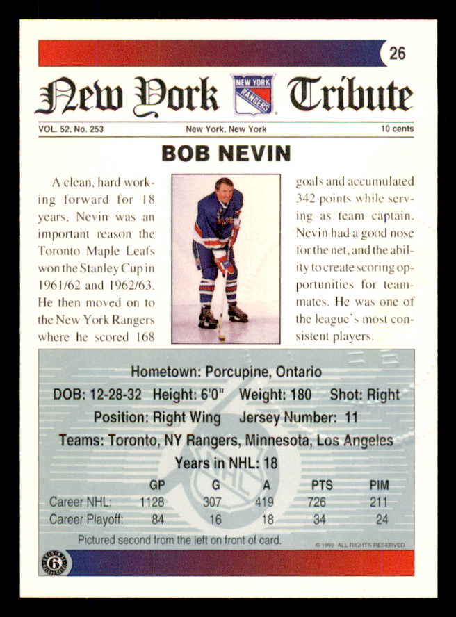 1992 Ultimate #026 Bob Nevin Rangers Signed Autographed 558048
