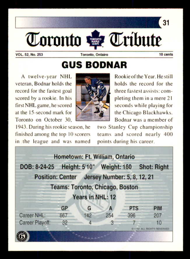 1992 Ultimate #031 Gus Bodnar Maple Leafs Signed Autographed 558052