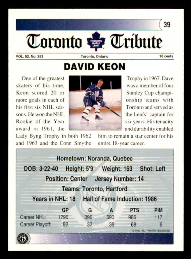 1992 Ultimate #039 Dave Keon Maple Leafs Signed Autographed 558057