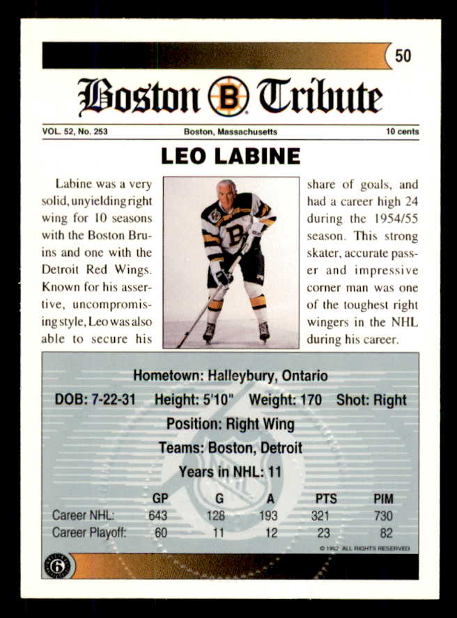 1992 Ultimate #050 Leo Labine Bruins Signed Autographed 558068
