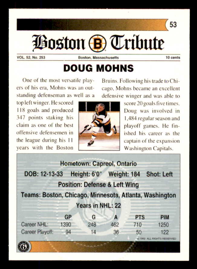 1992 Ultimate #053 Doug Mohns Bruins Signed Autographed 558071