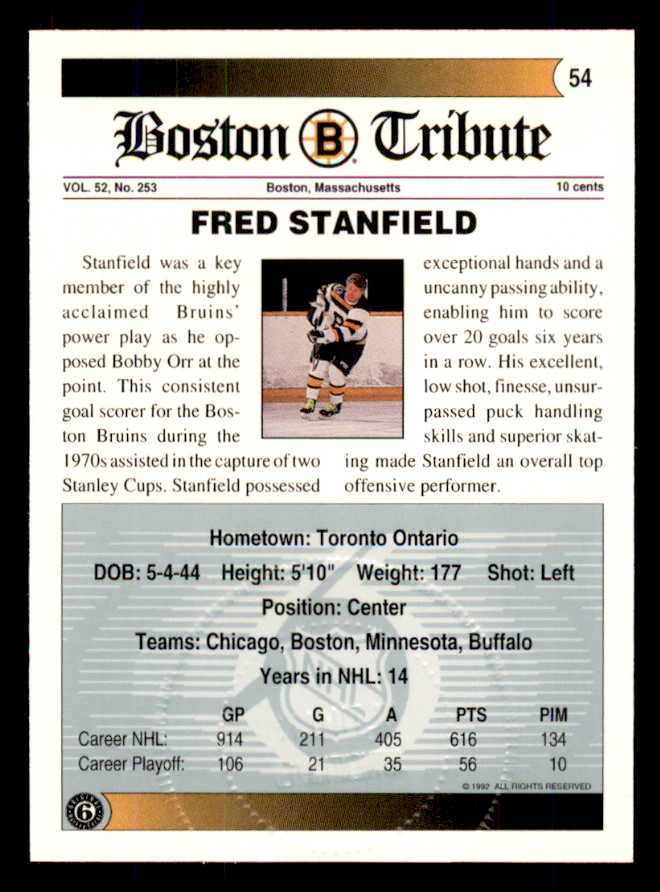 1992 Ultimate #054 Fred Stanfield Bruins Signed Autographed 558072