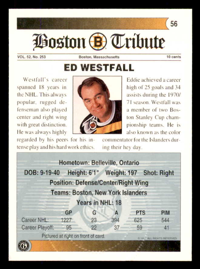 1992 Ultimate #056 Ed Westfall Bruins Signed Autographed 558073