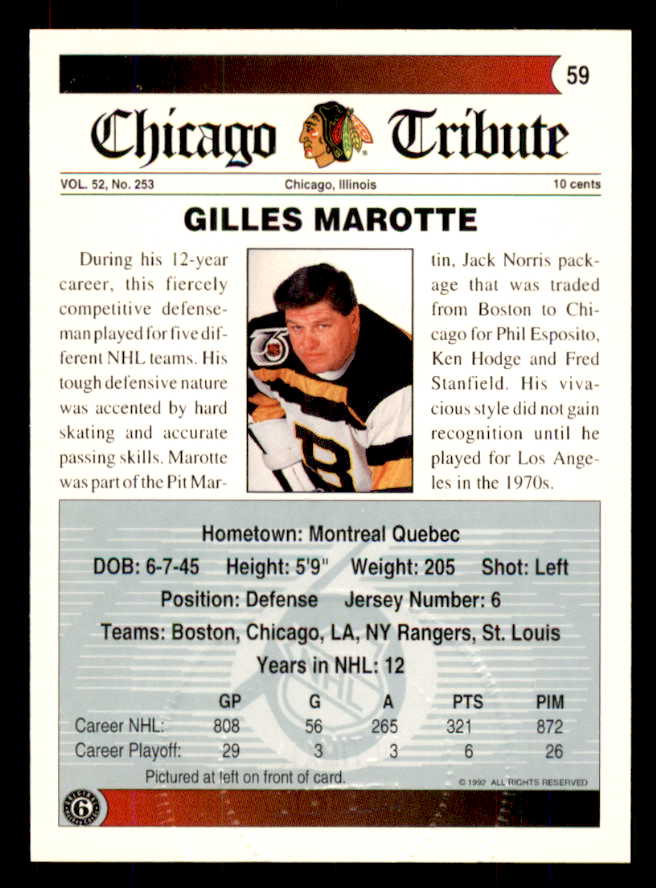 1992 Ultimate #059 Gilles Marotte Black Hawks Signed Autographed 558074
