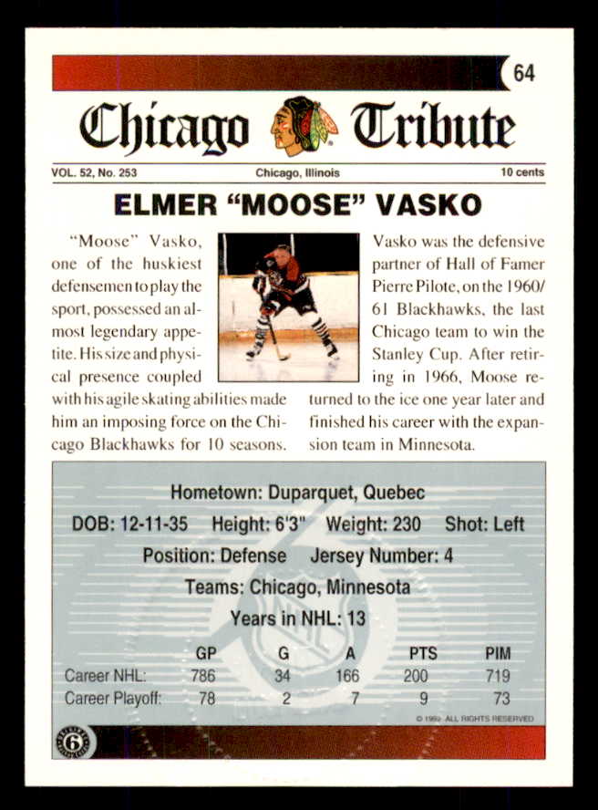 1992 Ultimate #064 Elmer Vasko Black Hawks Signed Autographed 558078