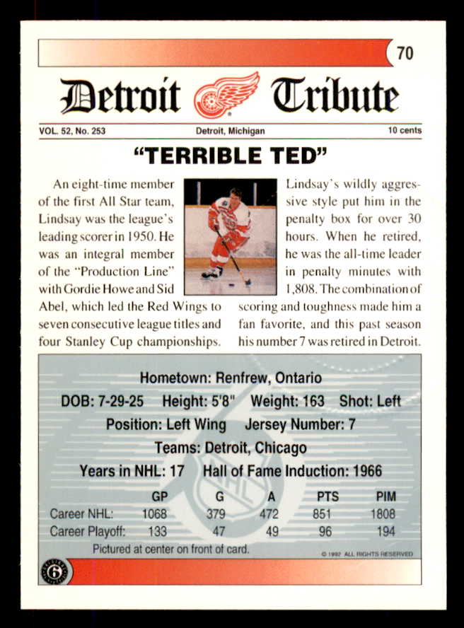 1992 Ultimate #070 Ted Lindsay Red Wings Signed Autographed 558084
