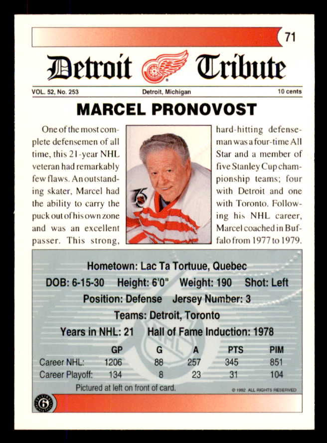 1992 Ultimate #71 Marcel Pronovost Red Wings Signed Autographed 558085