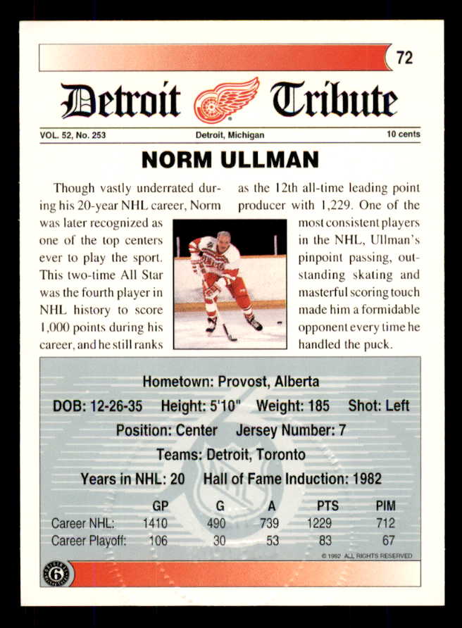 1992 Ultimate #072 Norm Ullman Red Wings Signed Autographed 558086