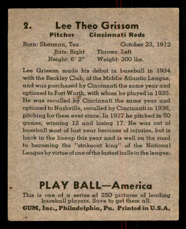 1939 Play Ball #002 Lee Grissom Reds VG-EX 558094