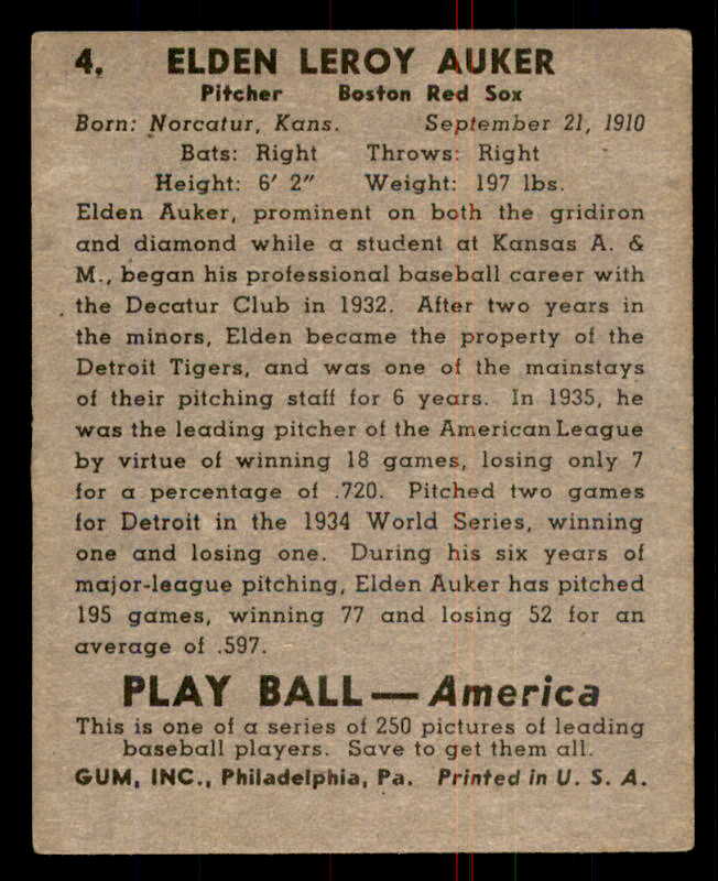 1939 Play Ball #004 Elden Auker Red Sox VG-EX 558100