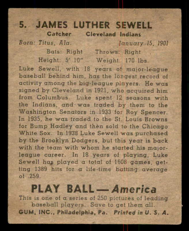 1939 Play Ball #005 Luke Sewell Indians EX 558101