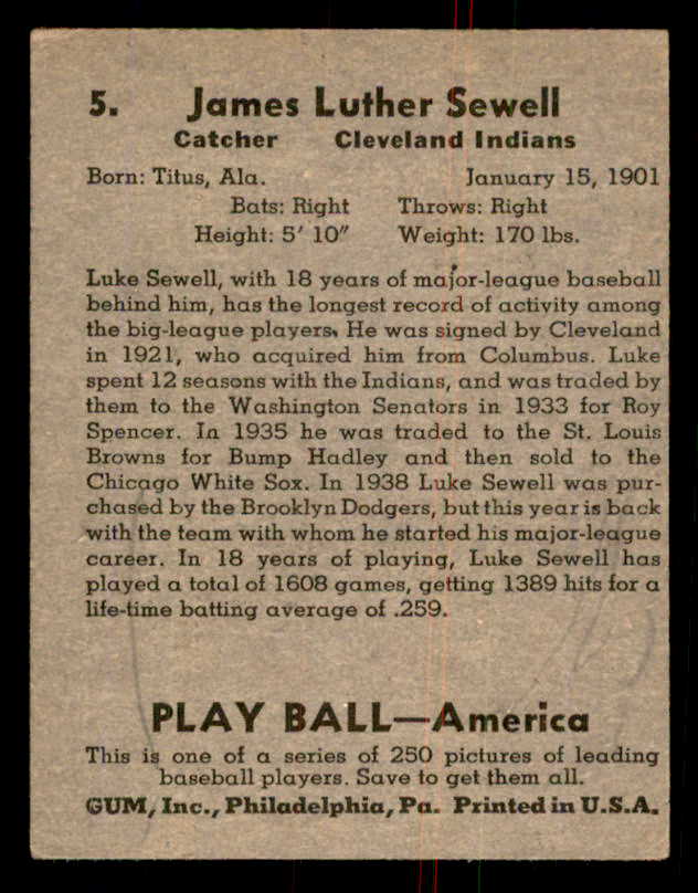 1939 Play Ball #005 Luke Sewell Indians Good 558103
