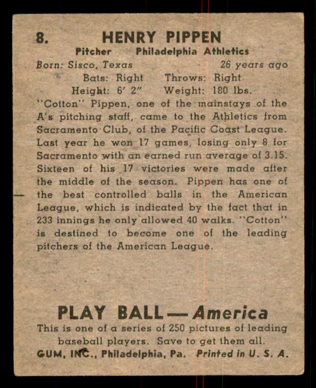1939 Play Ball #008 Cotton Pippen A's VG 558110