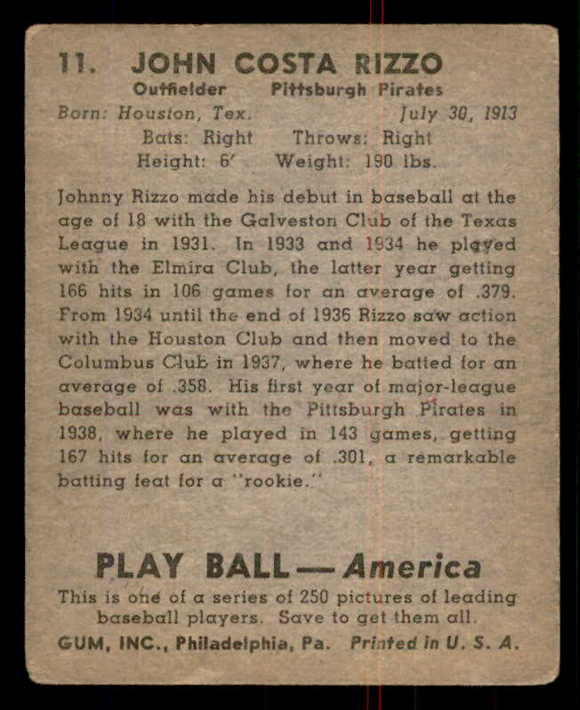1939 Play Ball #011 Johnny Rizzo Pirates GD-VG 558118