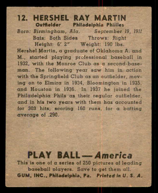 1939 Play Ball #012 Hershel Martin Phillies Good 558121