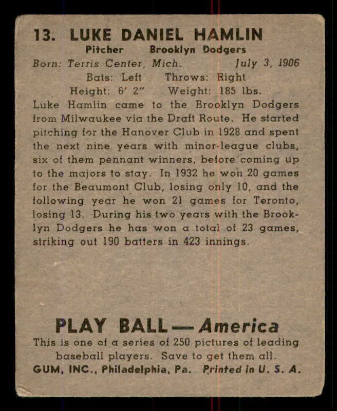 1939 Play Ball #013 Luke Hamlin Dodgers GD-VG 558123