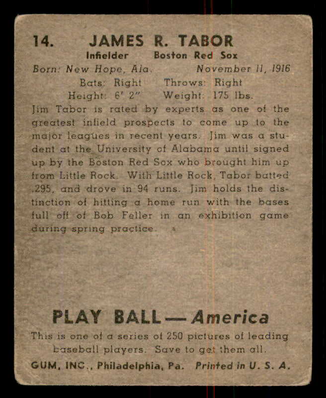 1939 Play Ball #014 Jim Tabor Red Sox Good 558126