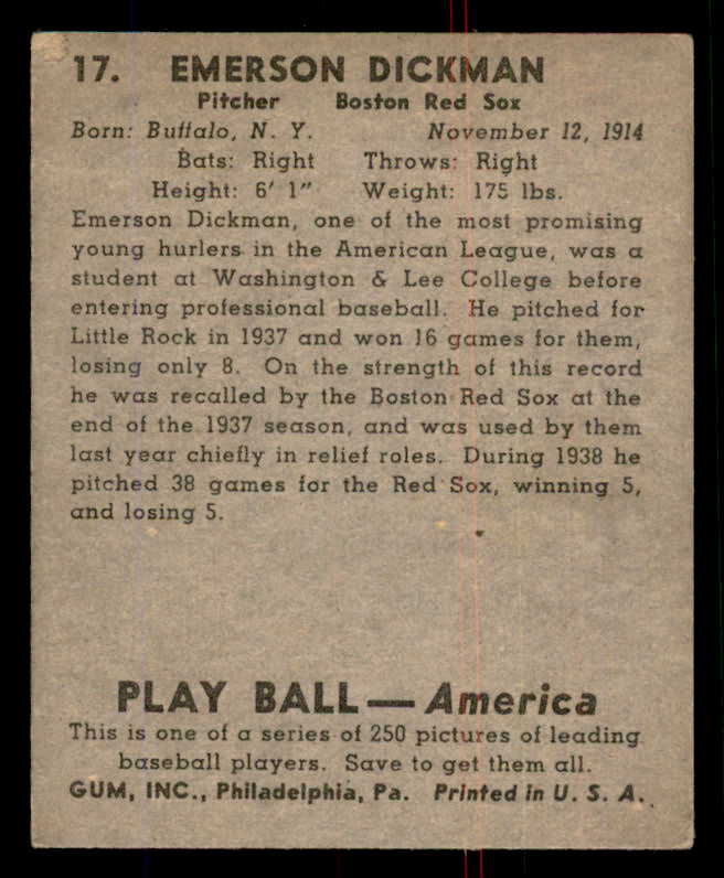 1939 Play Ball #017 Emerson Dickman Red Sox EX 558133