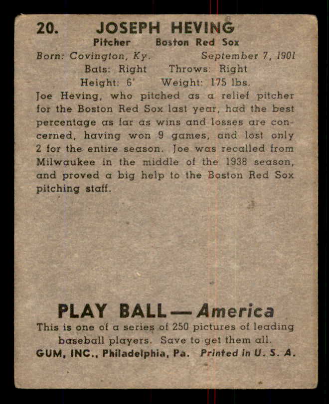 1939 Play Ball #020 Joe Heving Red Sox VG 558140
