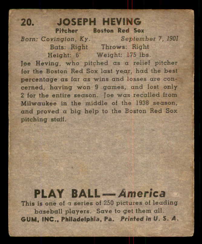 1939 Play Ball #020 Joe Heving Red Sox VG 558141