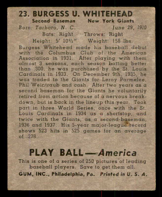1939 Play Ball #023 Burgess Whitehead Giants GD-VG 558146