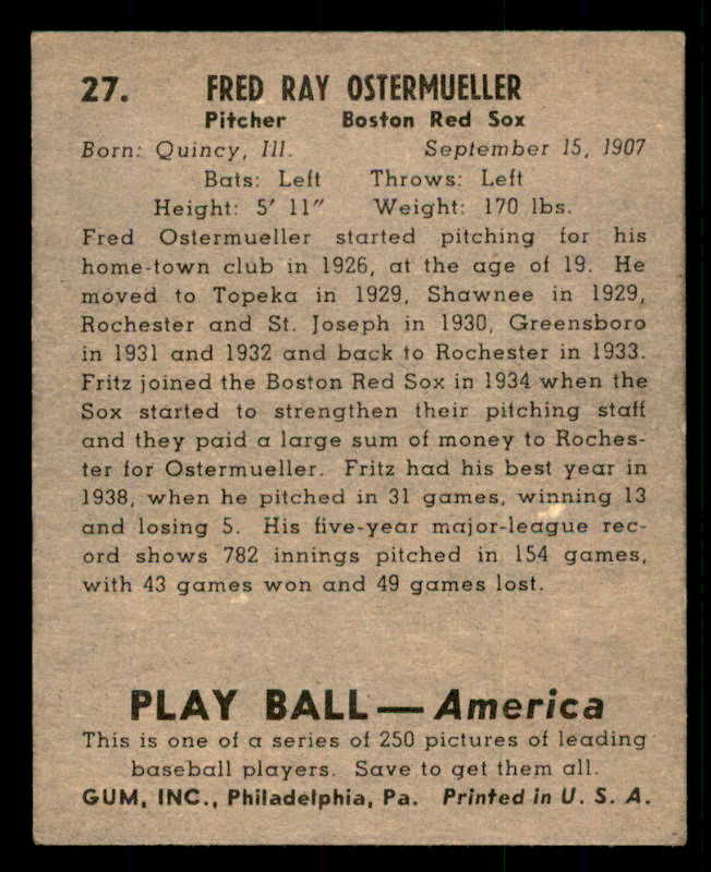 1939 Play Ball #027 Fritz Ostermueller Red Sox EX+/EX-MT 558150