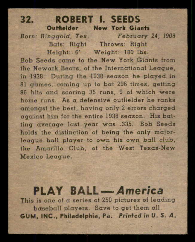 1939 Play Ball #032 Bob Seeds Giants EX-MT 558162
