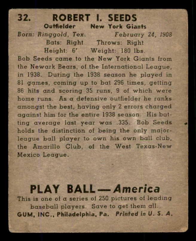 1939 Play Ball #032 Bob Seeds Giants VG 558163