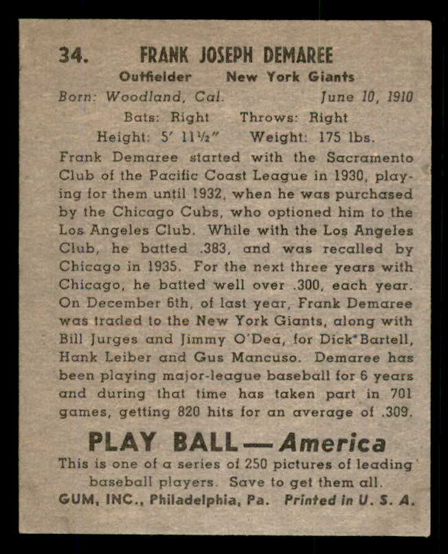 1939 Play Ball #034 Frank Demaree Giants NR-MT 558167