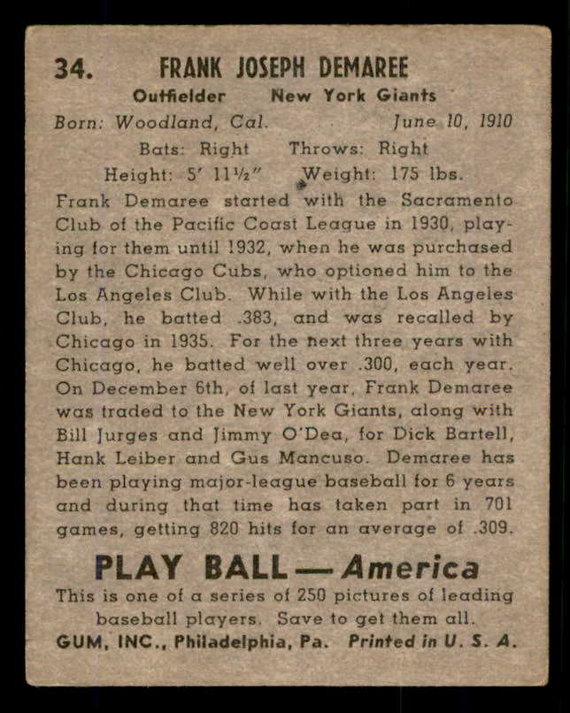 1939 Play Ball #034 Frank Demaree Giants VG-EX 558168